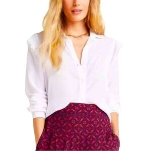 Anthropologie M Cloth and Stone Frayed Ruffle Button Down Top White tencel NEW